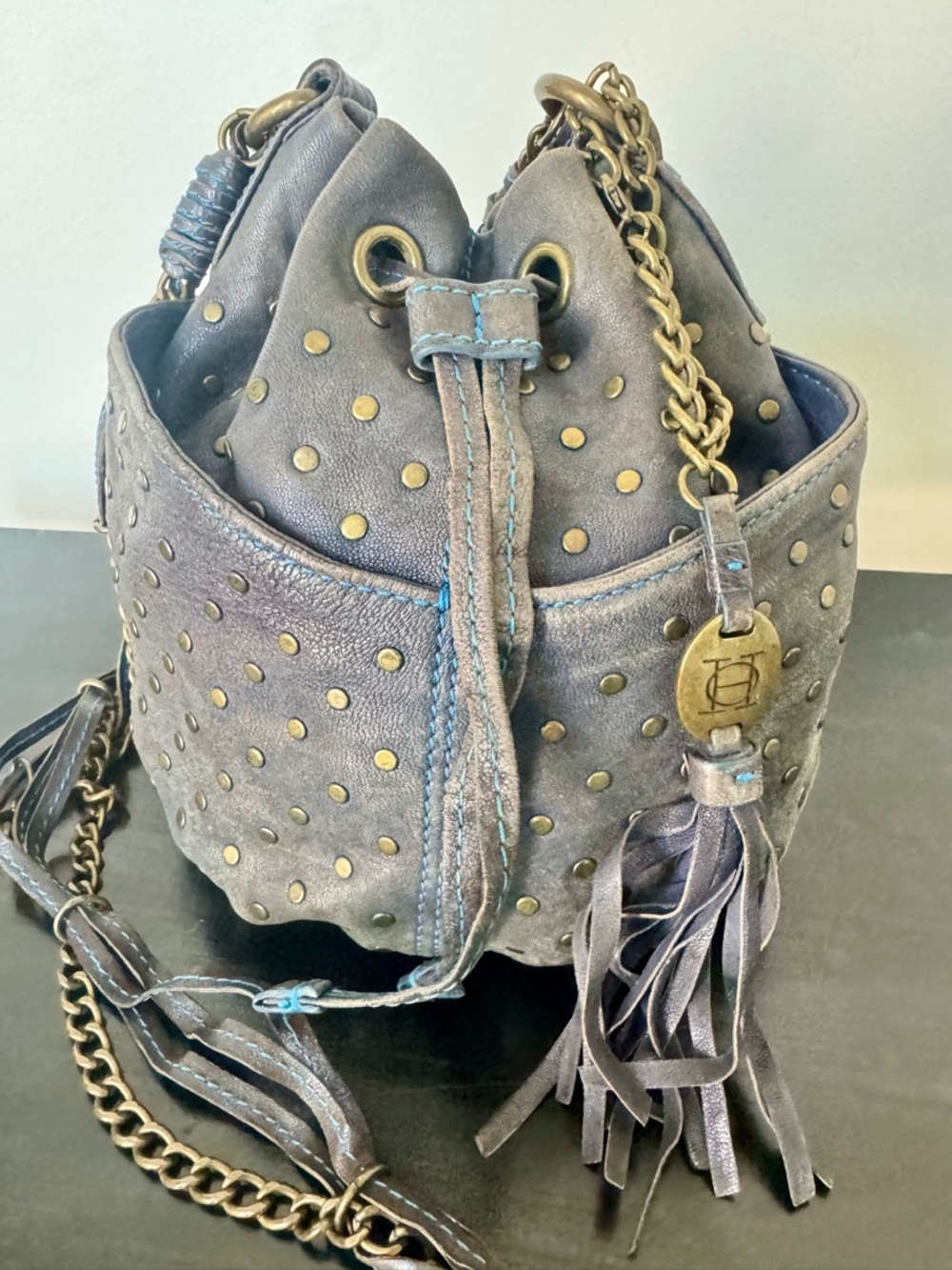 Olivia Harris Blue Distressed Leather Studded Bucket Bag
